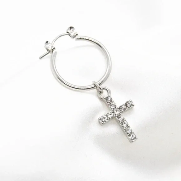 Silver Cross Hoops – Minimalist Rhinestone Earrings, Dainty Christian Jewelry - Picture 2 of 4